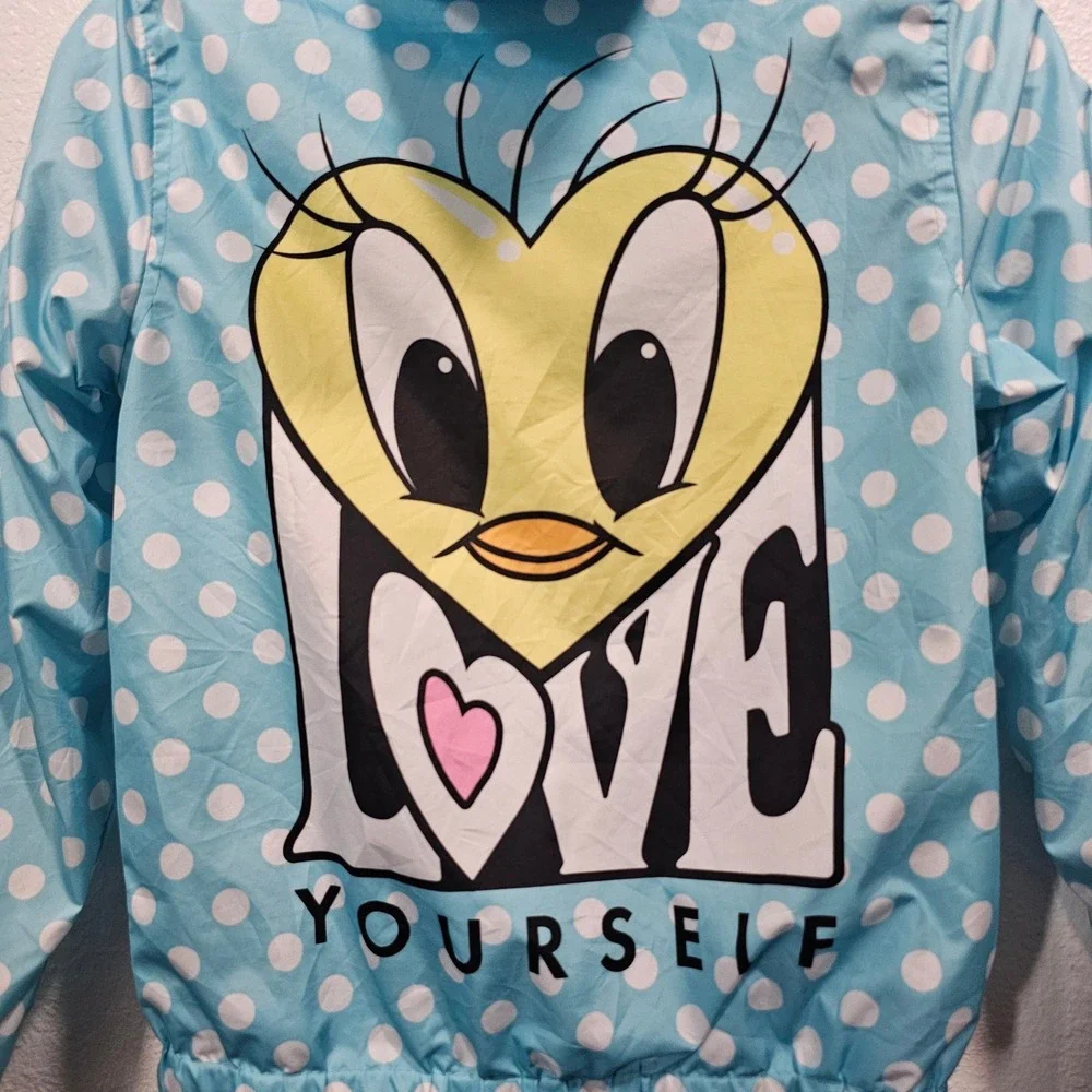 Members Only Looney Tunes Tweety Windbreaker Jacket Blue Polka Dot Kids 10/12